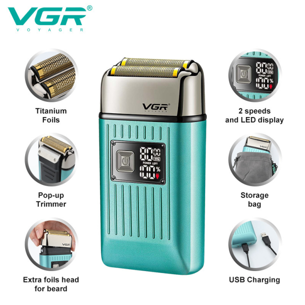 Електробритва VGR V-357 шейвер GREEN, подвійне лезо, 2 насадки, висувний тример, IPX6, LED display