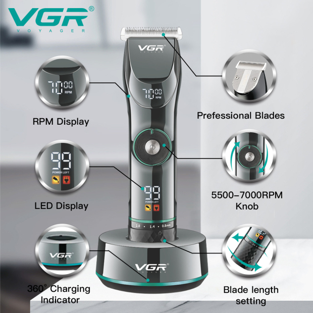 Акумуляторна машинка для стрижки (clipper) VGR V-256, 6 насадок, LED display