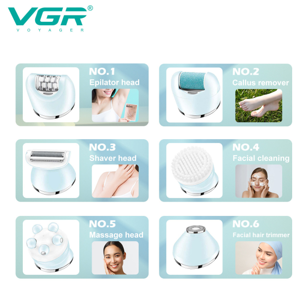 Епілятор VGR 6 в 1 V-733 BLUE, 12 насадок, IPX7, LED display