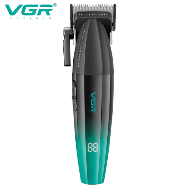 Акумуляторна машинка для стрижки (clipper) VGR V-003 GREEN, 6 насадок, TURBO режим 9000 RPM, керамічне лезо, LED display