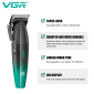 Акумуляторна машинка для стрижки (clipper) VGR V-003 GREEN, 6 насадок, TURBO режим 9000 RPM, керамічне лезо, LED display