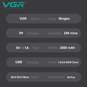 Акумуляторна машинка для стрижки (clipper) VGR V-003 GREEN, 6 насадок, TURBO режим 9000 RPM, керамічне лезо, LED display