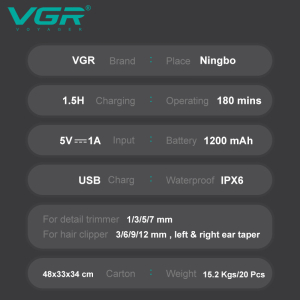 Набір для стрижки VGR 8 в 1 V-103, 19 насадок, LED display