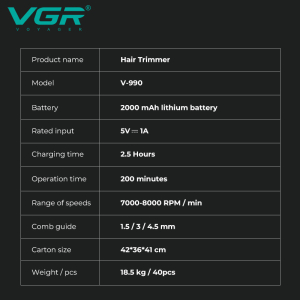 Тример VGR V-990 GREEN, 3 насадки, керамічне лезо, TURBO режим, регулювання потужності 7000-8000 RPM, LED light, LED display