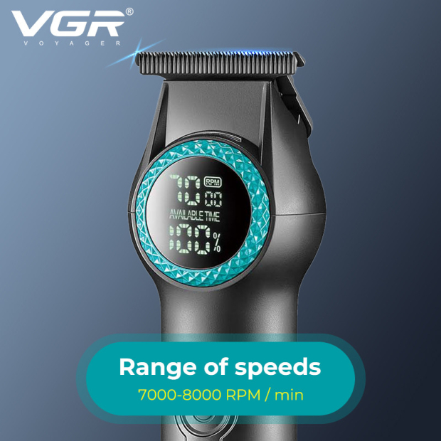 Тример VGR V-990 GREEN, 3 насадки, керамічне лезо, TURBO режим, регулювання потужності 7000-8000 RPM, LED light, LED display