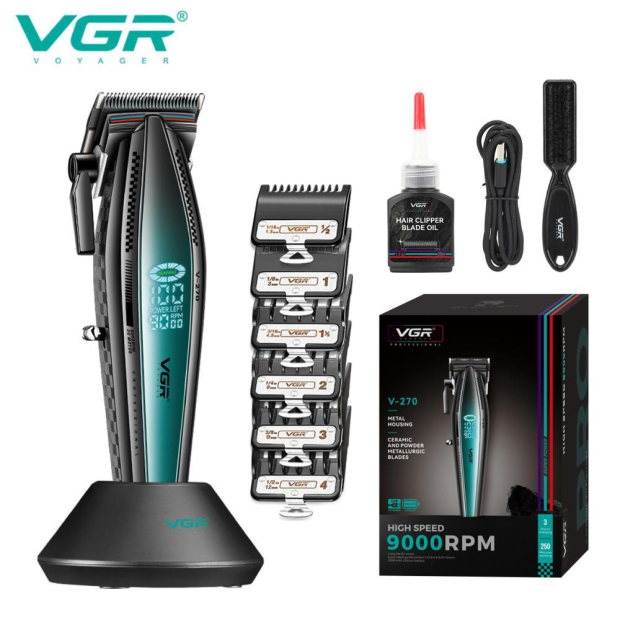 Акумуляторна машинка для стрижки (clipper) VGR V-270, 6 насадок, 9000 RPM, 2500 mAh, LED display