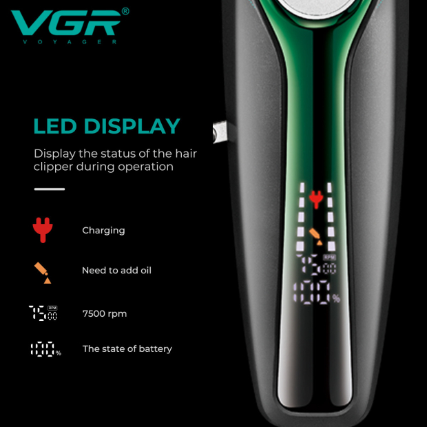 Акумуляторна машинка для стрижки (clipper) VGR V-010 GREEN, 6 насадок, 7500 RPM, 2600 mAh, LED display