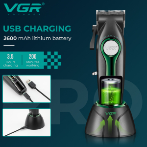 Акумуляторна машинка для стрижки (clipper) VGR V-010 GREEN, 6 насадок, 7500 RPM, 2600 mAh, LED display