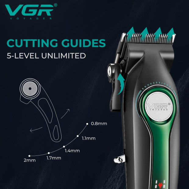 Акумуляторна машинка для стрижки (clipper) VGR V-010 GREEN, 6 насадок, 7500 RPM, 2600 mAh, LED display