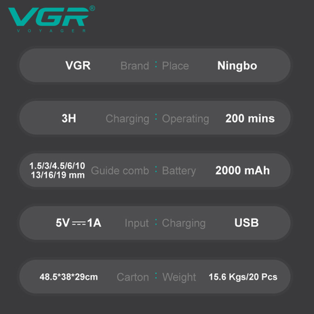 Акумуляторна машинка для стрижки (clipper) VGR V-013 GREEN, 8 насадок, 6500 RPM, 2000 mAh, LED display