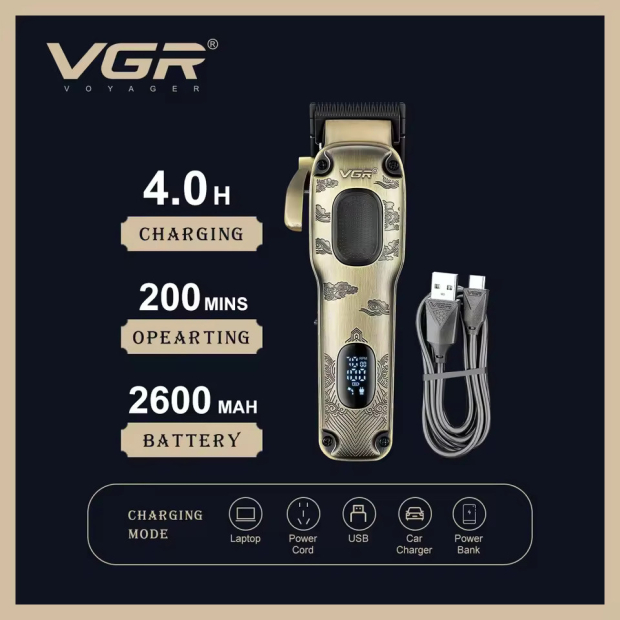 Акумуляторна машинка для стрижки (clipper) VGR V-027, 8 насадок, 7000 RPM, 2600 mAh, LED display