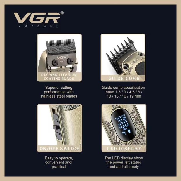 Акумуляторна машинка для стрижки (clipper) VGR V-027, 8 насадок, 7000 RPM, 2600 mAh, LED display