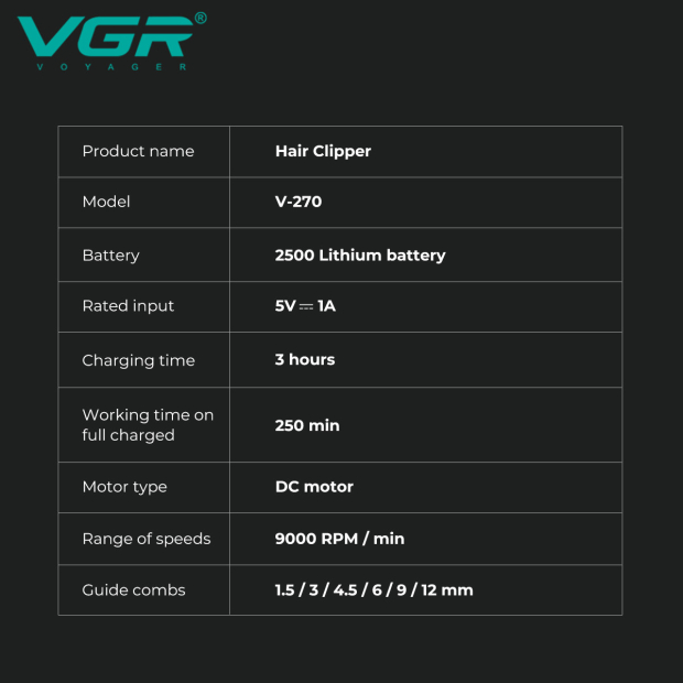 Акумуляторна машинка для стрижки (clipper) VGR V-270, 6 насадок, 9000 RPM, 2500 mAh, LED display