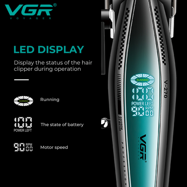 Акумуляторна машинка для стрижки (clipper) VGR V-270, 6 насадок, 9000 RPM, 2500 mAh, LED display