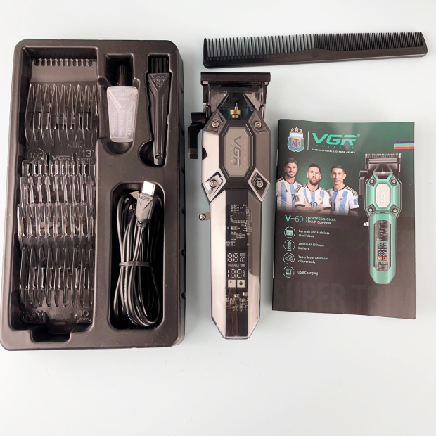 Акумуляторна машинка для стрижки (clipper) VGR V-600 BLACK, 6 насадок, регулятор висоти, LED display, 7000 RPM