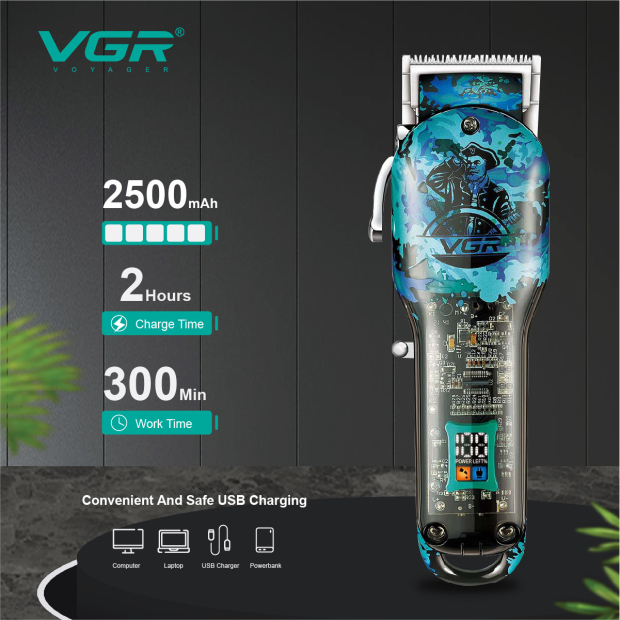 Акумуляторна машинка для стрижки (clipper) VGR V-685, 4 насадки, LED display