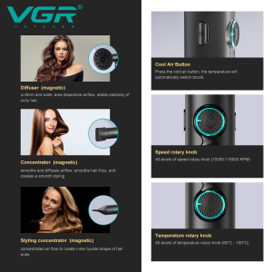 Фен професійний VGR V-401 BLACK, 40 рівнів обдування 70000 - 110000 RPM, 40 рівнів температури 60°C - 100°C, 3 насадки