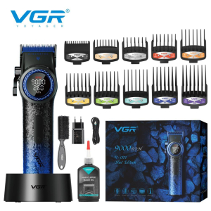 Акумуляторна машинка для стрижки (clipper) VGR V-001 BLUE, 10 насадок, 9000 RPM, 4600 mAh, LED light, LED display