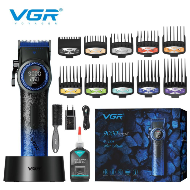 Акумуляторна машинка для стрижки (clipper) VGR V-001 BLUE, 10 насадок, 9000 RPM, 4600 mAh, LED light, LED display