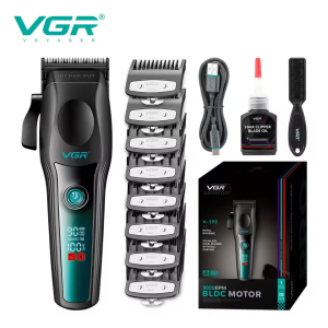 Акумуляторна машинка для стрижки (clipper) VGR V-195 GREEN, 8 насадок, 9000 RPM, 2500 mAh, LED display