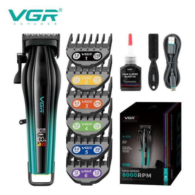 Акумуляторна машинка для стрижки (clipper) VGRV-273 GREEN, 6 насадок, 8000 RPM, 3000 mAh, LED display