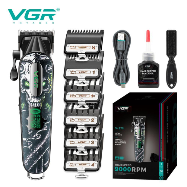 Акумуляторна машинка для стрижки (clipper) VGR V-279 GREEN, 6 насадок, 9000 RPM, 2500 mAh, LED display