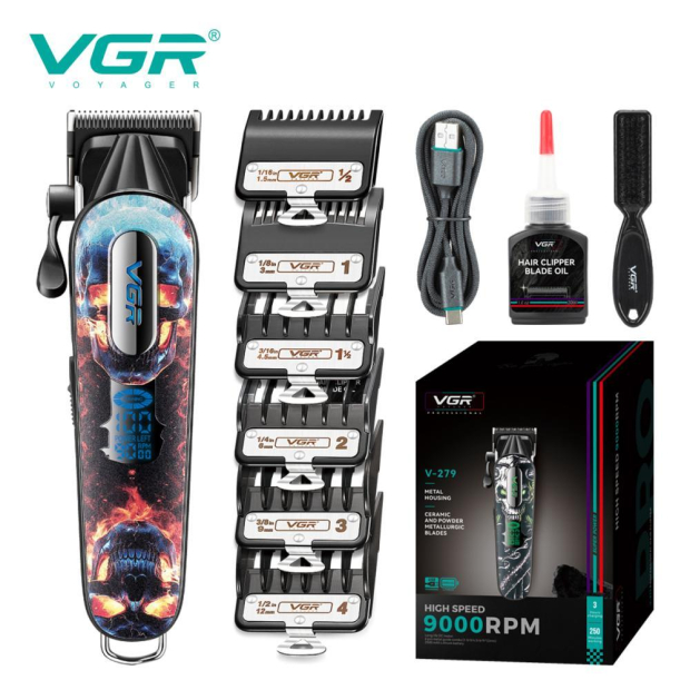 Акумуляторна машинка для стрижки (clipper) VGR V-279 RED, 6 насадок, 9000 RPM, 2500 mAh, LED display