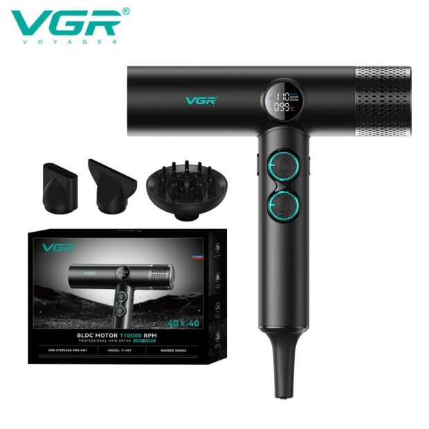Фен професійний VGR V-401 BLACK, 40 рівнів обдування 70000 - 110000 RPM, 40 рівнів температури 60°C - 100°C, 3 насадки