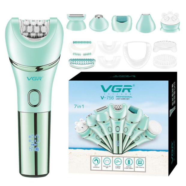 Епілятор VGR 7 в 1 V-756 GREEN, 7 насадок, IPX7