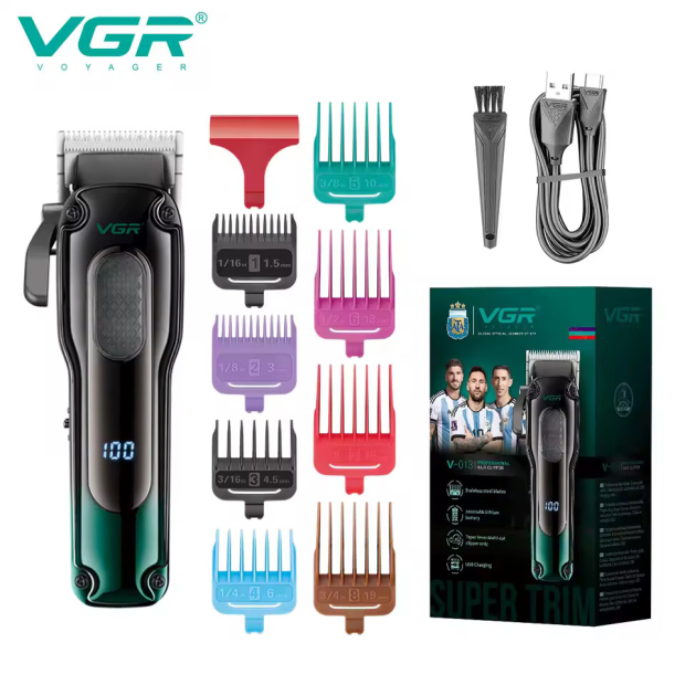 Акумуляторна машинка для стрижки (clipper) VGR V-013 GREEN, 8 насадок, 6500 RPM, 2000 mAh, LED display