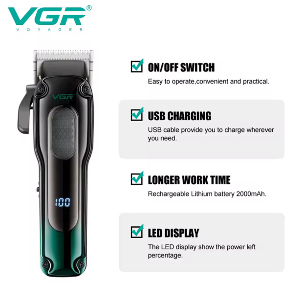 Акумуляторна машинка для стрижки (clipper) VGR V-013 GREEN, 8 насадок, 6500 RPM, 2000 mAh, LED display