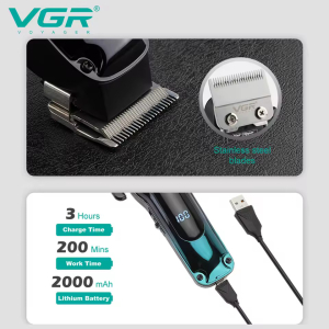 Акумуляторна машинка для стрижки (clipper) VGR V-013 GREEN, 8 насадок, 6500 RPM, 2000 mAh, LED display