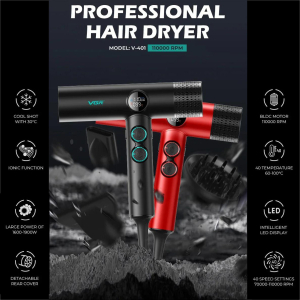 Фен професійний VGR V-401 BLACK, 40 рівнів обдування 70000 - 110000 RPM, 40 рівнів температури 60°C - 100°C, 3 насадки