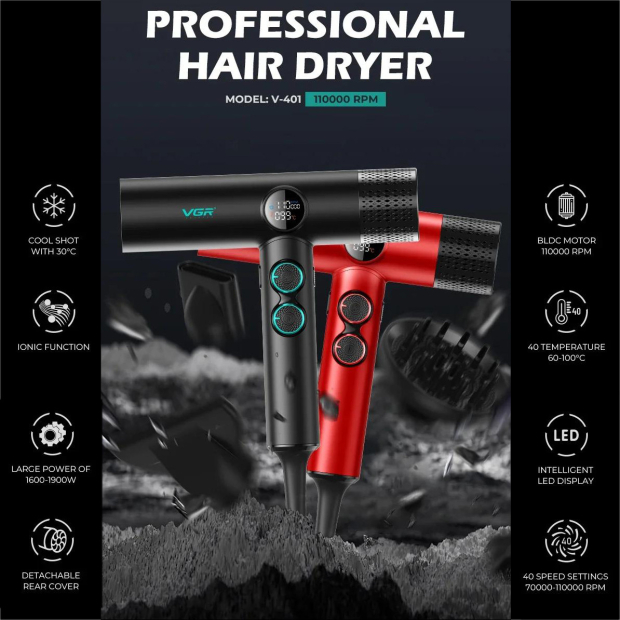 Фен професійний VGR V-401 RED, 40 рівнів обдування 70000 - 110000 RPM, 40 рівнів температури 60°C - 100°C, 3 насадки