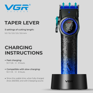 Акумуляторна машинка для стрижки (clipper) VGR V-001 BLUE, 10 насадок, 9000 RPM, 4600 mAh, LED light, LED display