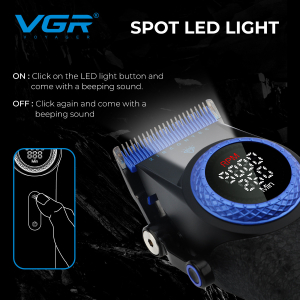 Акумуляторна машинка для стрижки (clipper) VGR V-001 BLUE, 10 насадок, 9000 RPM, 4600 mAh, LED light, LED display