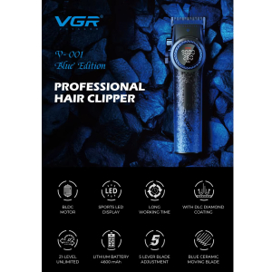 Акумуляторна машинка для стрижки (clipper) VGR V-001 BLUE, 10 насадок, 9000 RPM, 4600 mAh, LED light, LED display