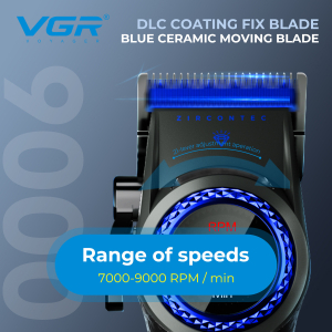 Акумуляторна машинка для стрижки (clipper) VGR V-001 BLUE, 10 насадок, 9000 RPM, 4600 mAh, LED light, LED display