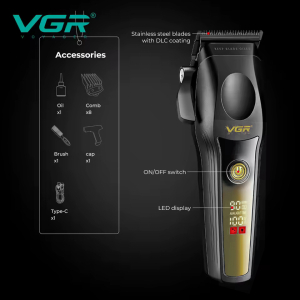 Акумуляторна машинка для стрижки (clipper) VGR V-195 GOLD, 8 насадок, 9000 RPM, 2500 mAh, LED display