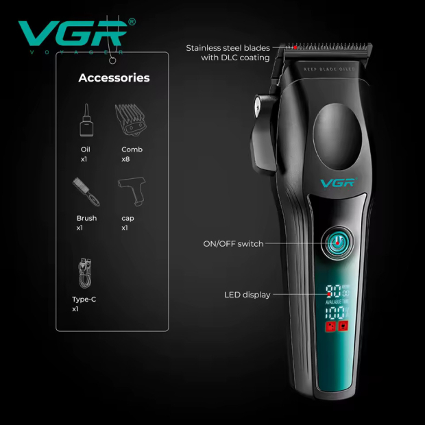Акумуляторна машинка для стрижки (clipper) VGR V-195 GREEN, 8 насадок, 9000 RPM, 2500 mAh, LED display