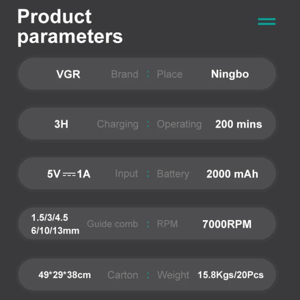 Акумуляторна машинка для стрижки (clipper) VGRV-196 GREEN, 8 насадок, 7000 RPM, 2000 mAh, LED display