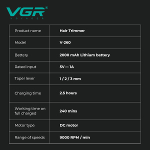 Тример V-260 RED, 3 насадки, 2000mAh, 9000 RPM, LED display
