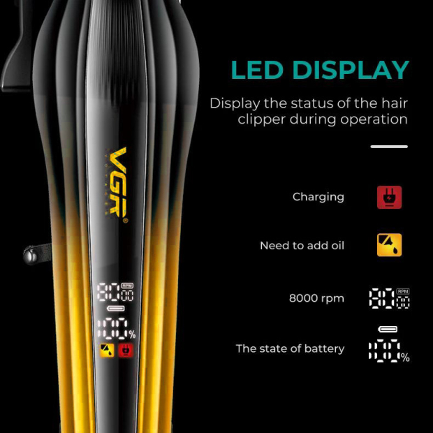 Акумуляторна машинка для стрижки (clipper) VGRV-273 GOLD, 6 насадок, 8000 RPM, 3000 mAh, LED display
