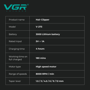 Акумуляторна машинка для стрижки (clipper) VGRV-273 GOLD, 6 насадок, 8000 RPM, 3000 mAh, LED display