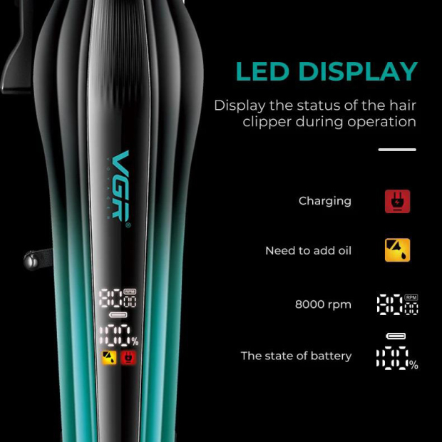 Акумуляторна машинка для стрижки (clipper) VGRV-273 GREEN, 6 насадок, 8000 RPM, 3000 mAh, LED display