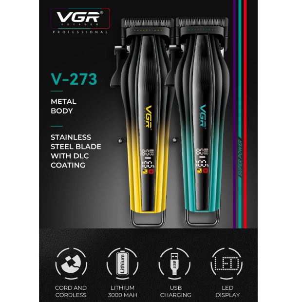 Акумуляторна машинка для стрижки (clipper) VGRV-273 GREEN, 6 насадок, 8000 RPM, 3000 mAh, LED display
