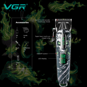 Акумуляторна машинка для стрижки (clipper) VGR V-279 GREEN, 6 насадок, 9000 RPM, 2500 mAh, LED display