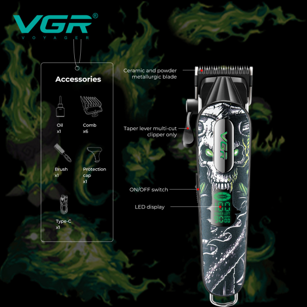 Акумуляторна машинка для стрижки (clipper) VGR V-279 GREEN, 6 насадок, 9000 RPM, 2500 mAh, LED display