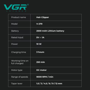 Акумуляторна машинка для стрижки (clipper) VGR V-279 RED, 6 насадок, 9000 RPM, 2500 mAh, LED display
