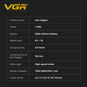 Акумуляторна машинка для стрижки (clipper) VGR V-285, 6 насадок, 9000 RPM, 2000 mAh, LED display